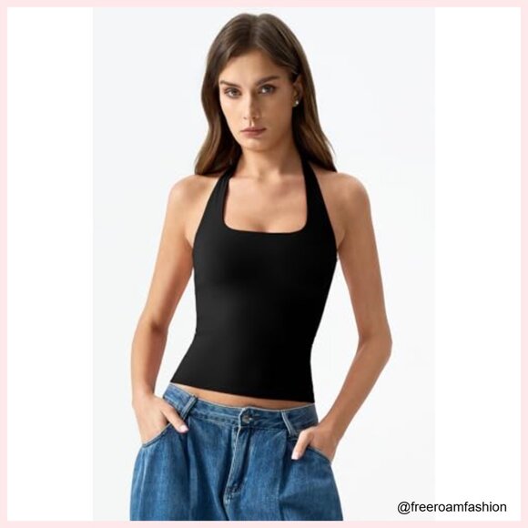 Double Lined Halter Tank Top Sleeveless Open Back Slim Fit Summer - Picture 4 of 7
